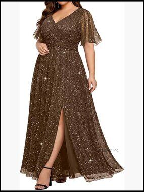 Plus Size Formal Dress Sequin V Neck Flutter Sleeve Long Evening Gown